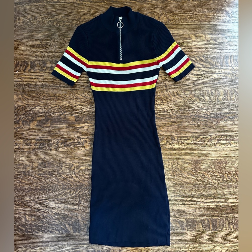 Striped Navy Knit Mock-neck Midi Dress